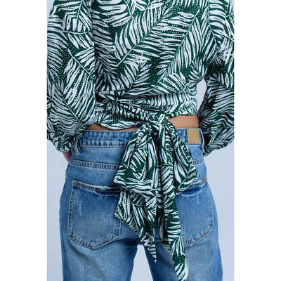 Green Leaf Print Blouse With Plunge Neck - Miraposa