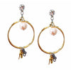 Gold Dangle and Drop Hoop Earrings With Light Rose Pearls, Rhinestones, Brass and Charms - Miraposa