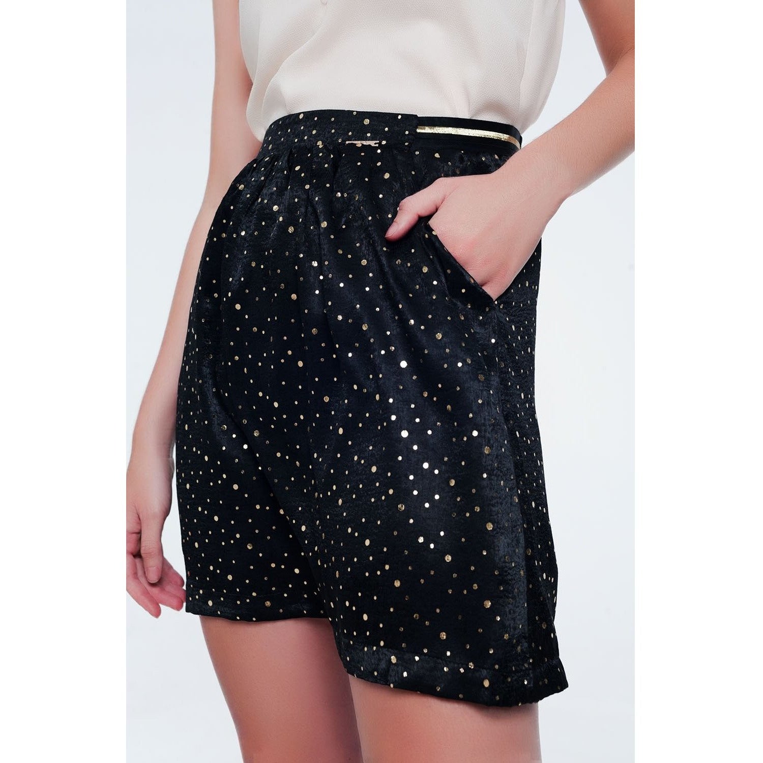Black Mini Skirt with Gold Polka Dots