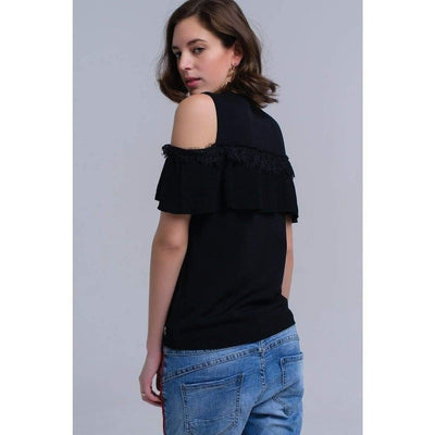 Black Cold Shoulder Sweater with Ruffle and Lace - Miraposa