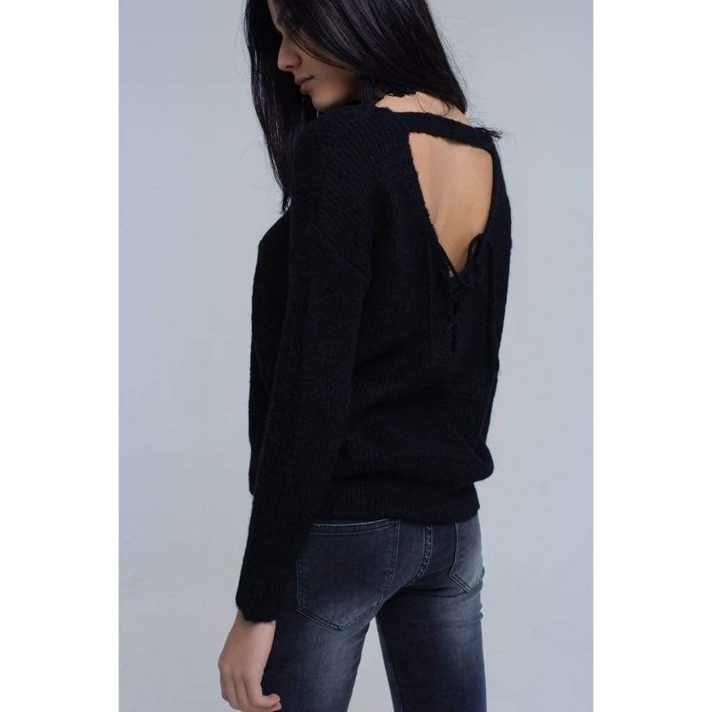 Black Knit Sweater with Tie-Back Closure