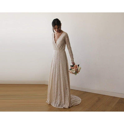 Champagne Wrap Floral Lace Long Sleeve Gown with a Train - Miraposa