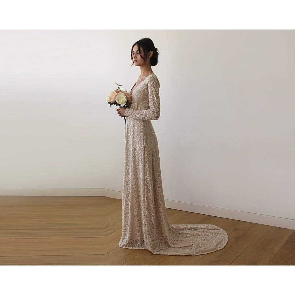 Champagne Wrap Floral Lace Long Sleeve Gown with a Train
