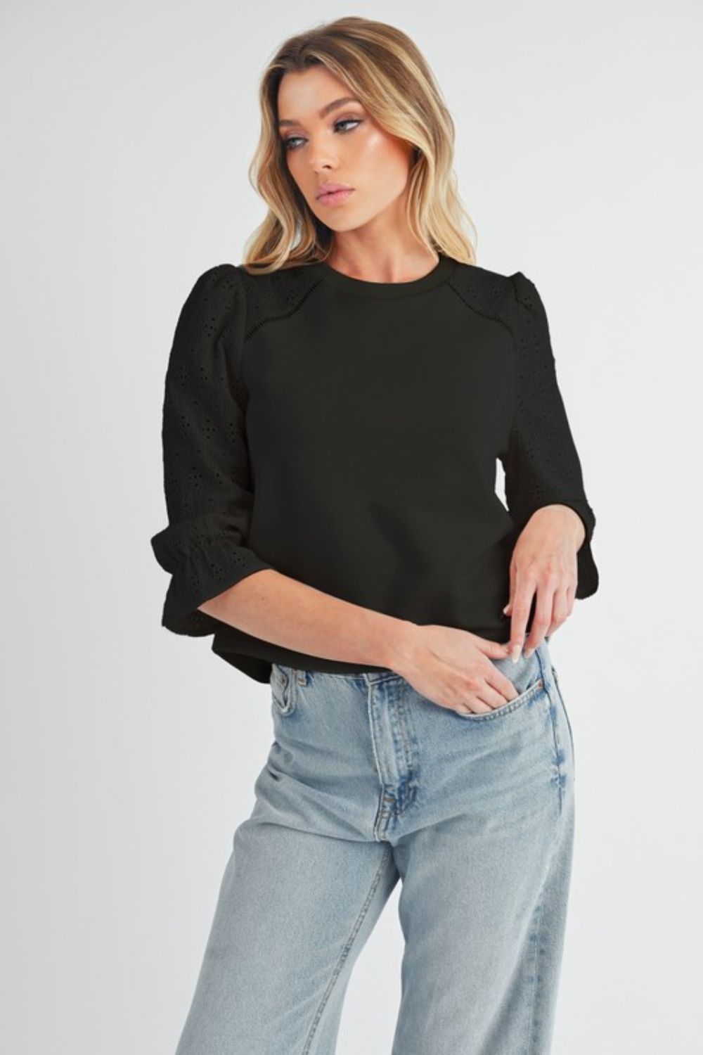 Aemi + Co Embroidered Eyelet Round Neck 3/4 Sleeve Blouse