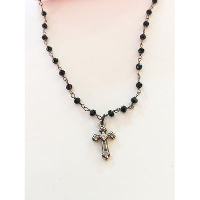 Black Rosary Necklace With Silver Cross and Cubic Zirconia - 2 Lengths - Miraposa