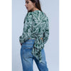 Green Leaf Print Blouse With Plunge Neck - Miraposa