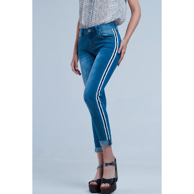 Denim Jeans With Crinkled Legs and Side Stripe - Miraposa