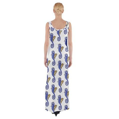 Seahorse Pattern Fitted With Side Slit Cotton Sleeveless Halter Dress - Miraposa