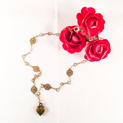 Bronze Heart Charm Necklace With 18kt Gold Plated Flower Chain - Miraposa