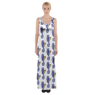 Seahorse Pattern Fitted With Side Slit Cotton Sleeveless Halter Dress - Miraposa