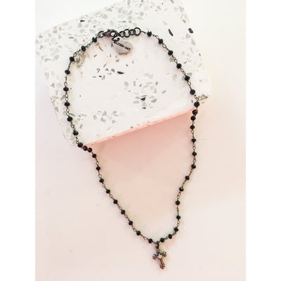 Black Rosary Necklace With Silver Cross and Cubic Zirconia - 2 Lengths - Miraposa