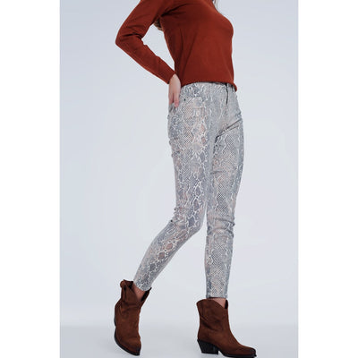 Beige Colored Pants With Snake Print - Miraposa