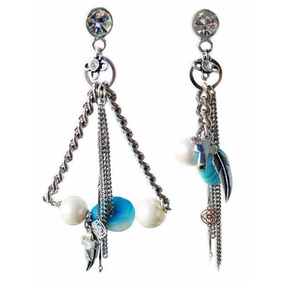 Chandelier Earrings With Blue Agate Stones, Crosses, Feathers, Pearls, Swarovski Crystals and Charms - Miraposa