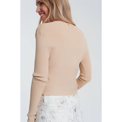 V Neck Ribbed Sweater in Beige - Miraposa