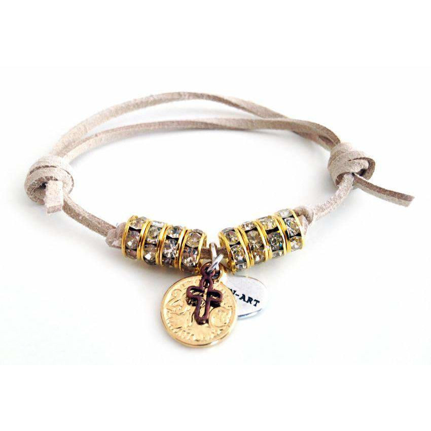 Deerskin Leather Wrap Bracelet With Swarovski Crystals and Burnished Gold Coin Charms