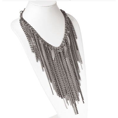 Chain Fringe Necklace with Antique Silver and Brass Chains, Studs, Swarovski Crystals and Charms - Miraposa