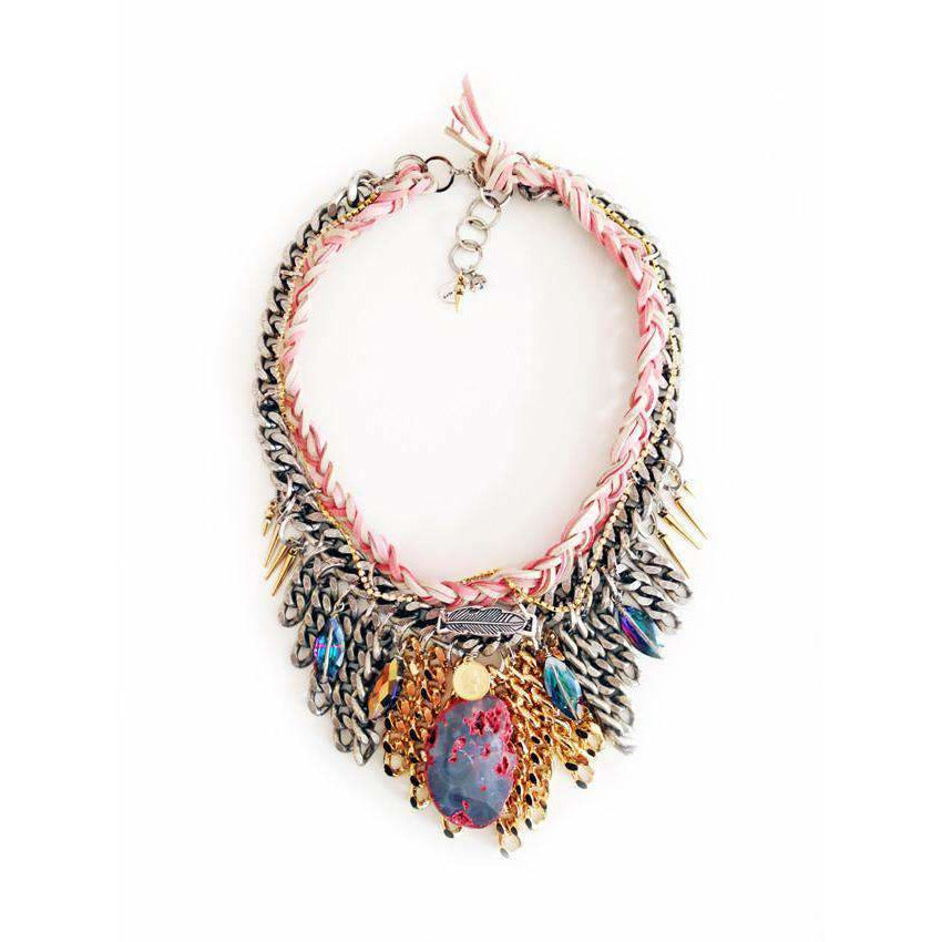 Multi Strand Necklace With Big Pink Agate Stone and Suede Leather - Miraposa