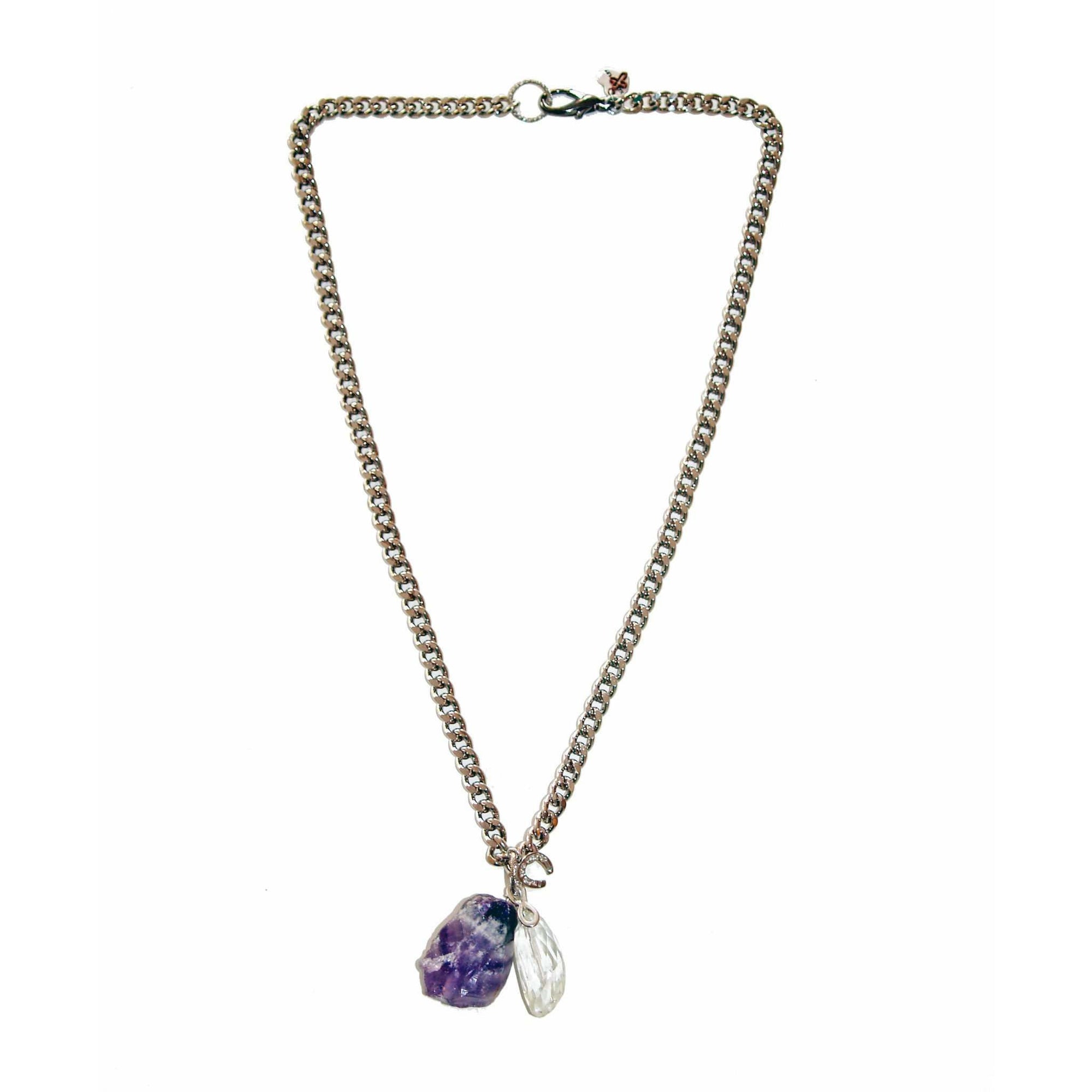 Silver Necklace With Amethyst and Rock Crystal Stones - Miraposa