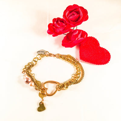 Rose Gold Heart Charm Bracelet With Rose Pearls - Miraposa