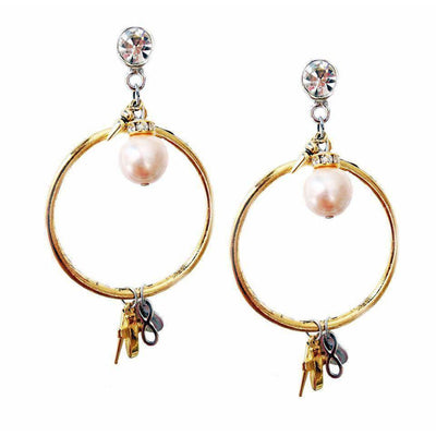 Gold Dangle and Drop Hoop Earrings With Light Rose Pearls, Rhinestones, Brass and Charms - Miraposa