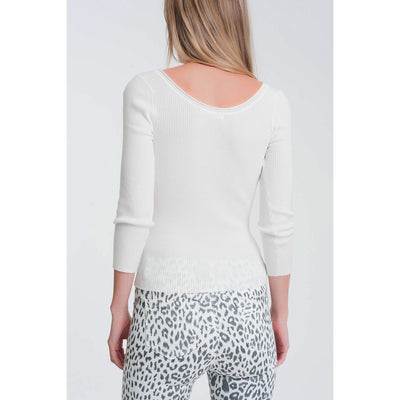 White Knitted Wide Neck Sweater - Miraposa
