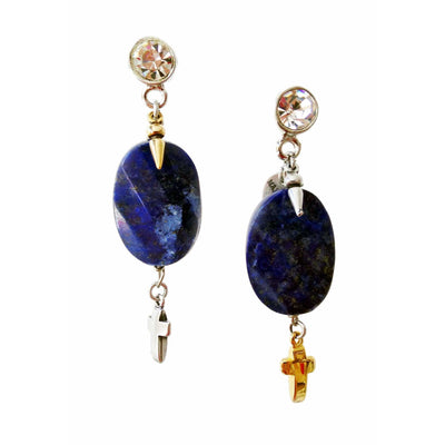 Dangle and Drop Earrings With Blue Lapis Lazuli Stones, Rhinestones, Brass and Charms - Miraposa