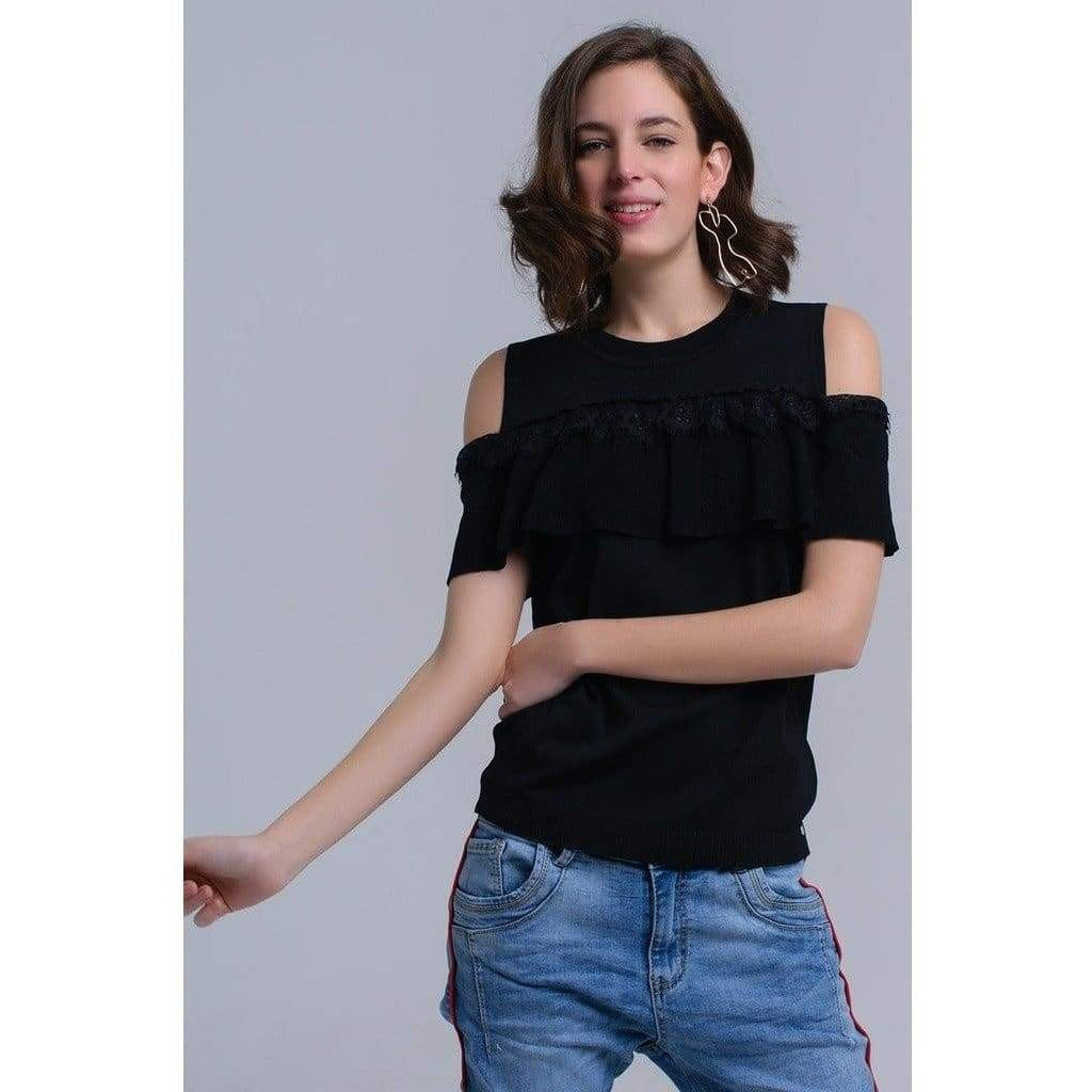 Black Cold Shoulder Sweater with Ruffle and Lace - Miraposa