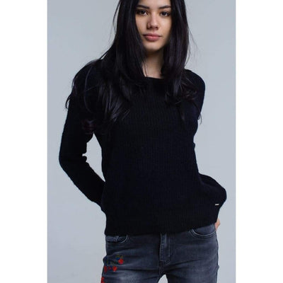 Black Knit Sweater with Tie-Back Closure - Miraposa