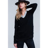 Black Ribbed V-Neck Sweater with Side Splits - Miraposa