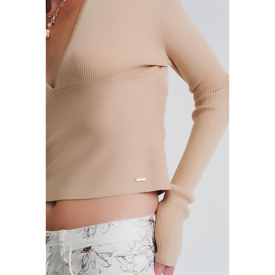 V Neck Ribbed Sweater in Beige - Miraposa