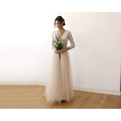 Champagne  Tulle and Lace Long Sleeve Wedding Dress - Miraposa