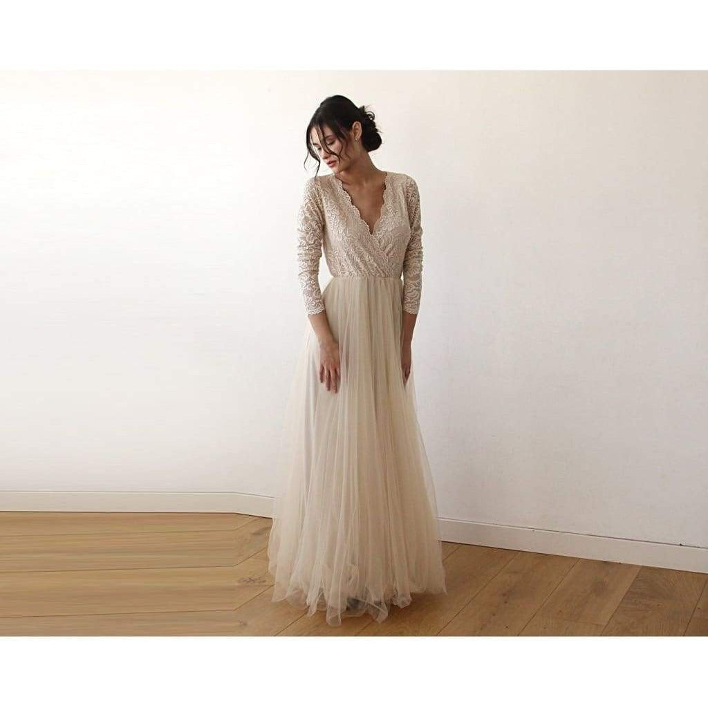 Champagne  Tulle and Lace Long Sleeve Wedding Dress