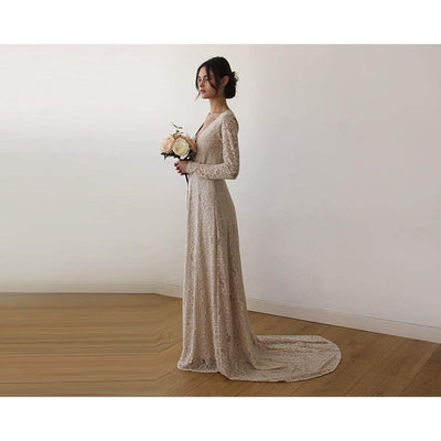 Champagne Wrap Floral Lace Long Sleeve Gown with a Train - Miraposa