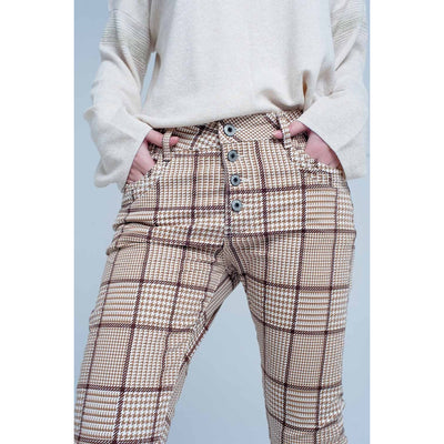 Pants in Beige Check With Button - Miraposa