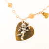 Silver Cherub Bronze Heart Charm Necklace with 18k Gold Plated Flower Chain and 3 Small Hearts Charms - Miraposa