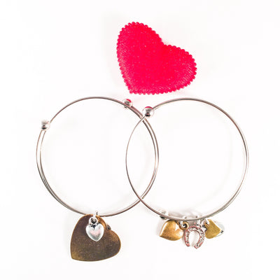 Silver Plated Bangle With Bronze Heart Charms - 2 Styles - Miraposa