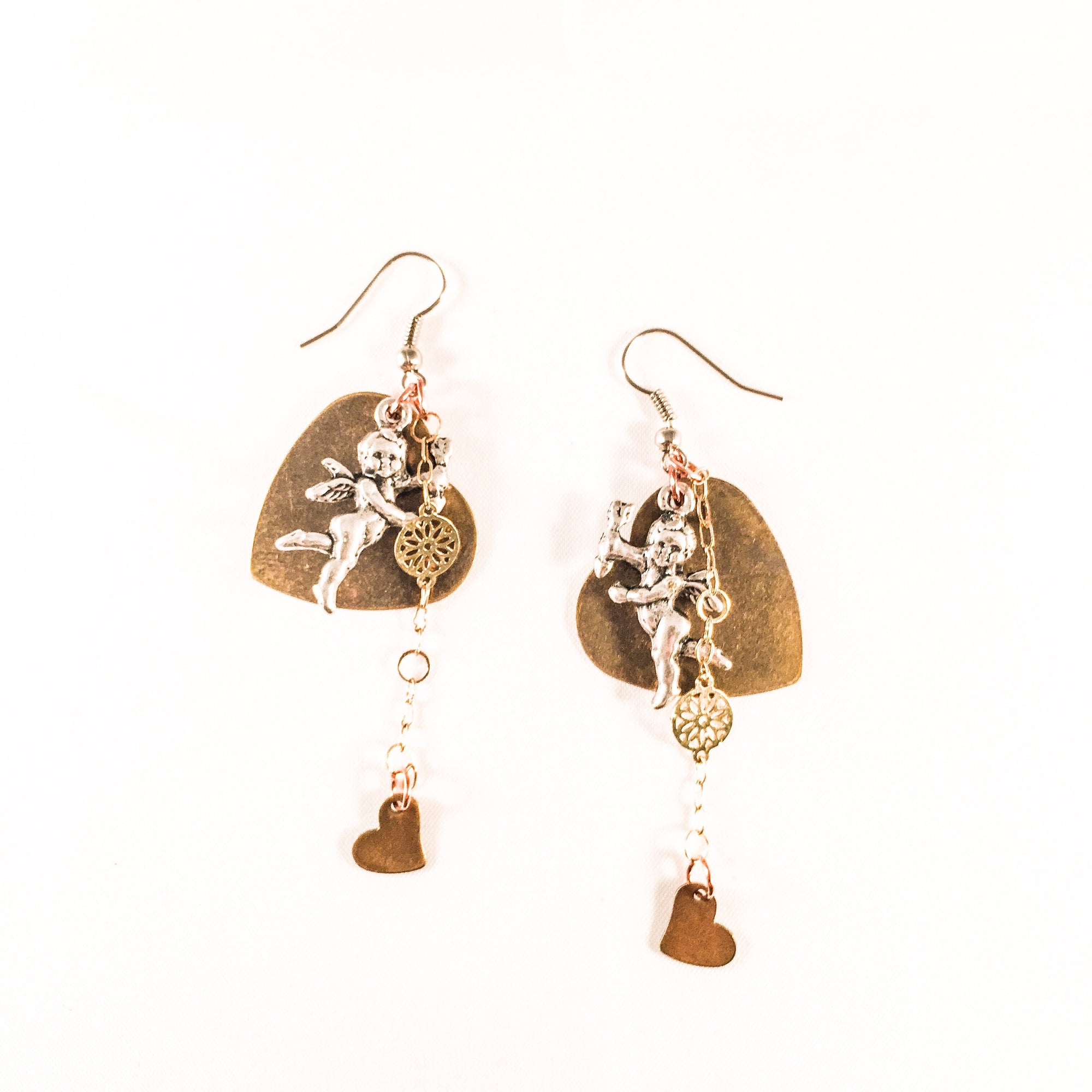 Bronze Heart and Cherub Charms Earrings - 18k Gold Plated Flower Chain - Miraposa