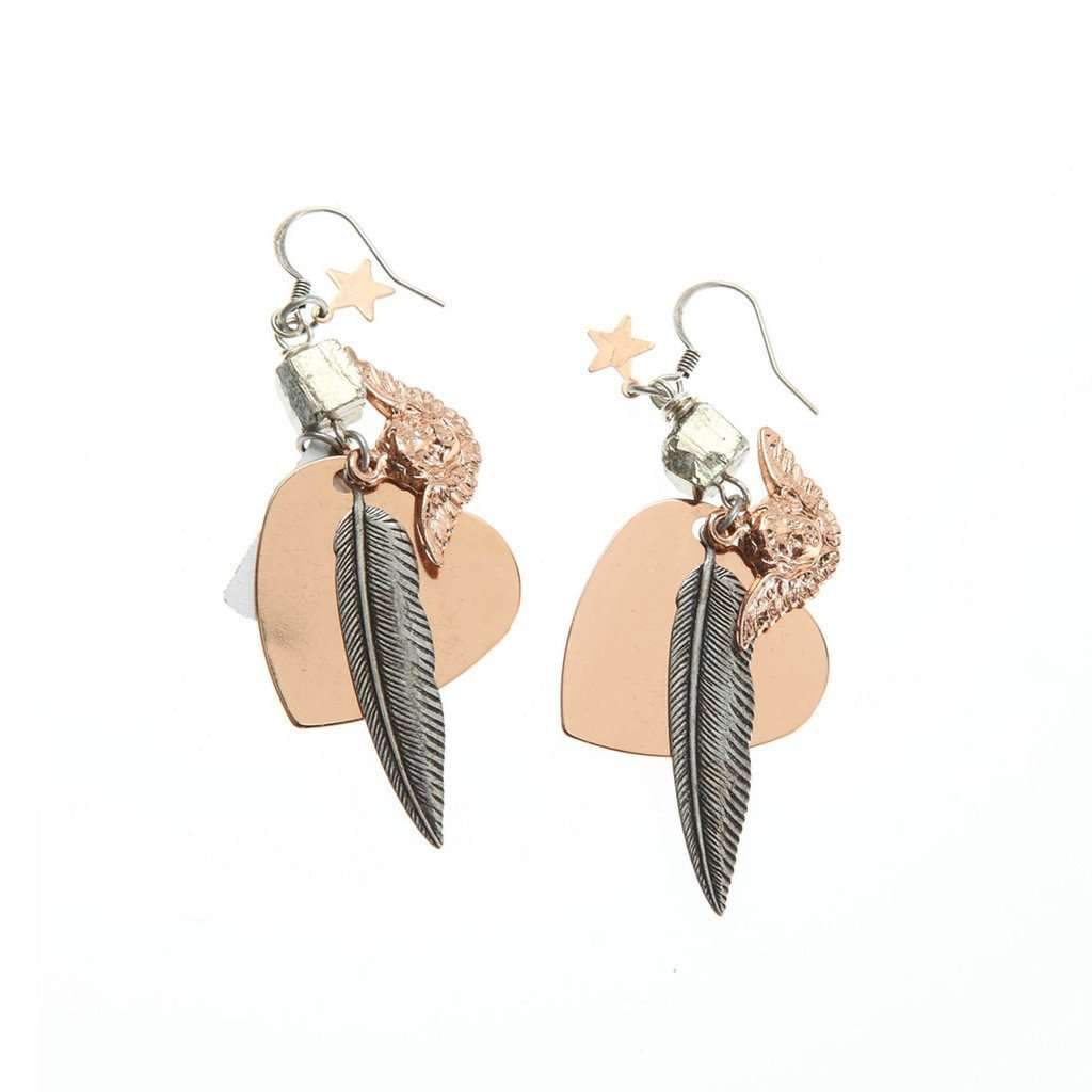 Rose Gold and Silver Heart , Feather, Angel Charms Earrings - Miraposa