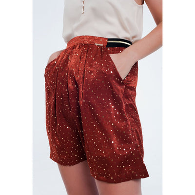 Orange Mini Skirt With Pleats in Gold Polka Dot - Miraposa