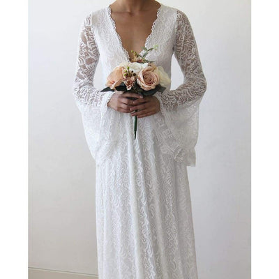 Full Lace Bell Sleeve Wedding Dress in Ivory - Miraposa