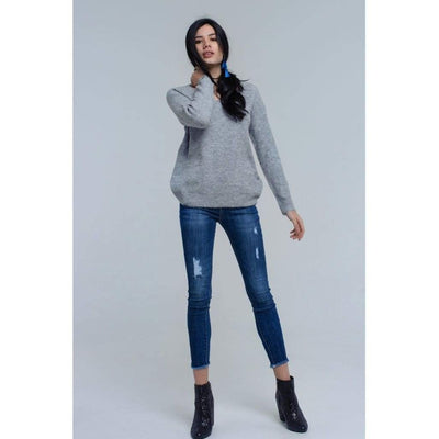 Gray Knitted Sweater with Tie-Back Closure - Miraposa