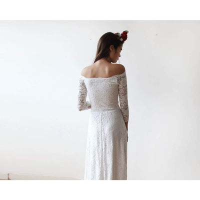 Ivory Off-The-Shoulder Floral Lace Long Sleeve Maxi Dress - Miraposa