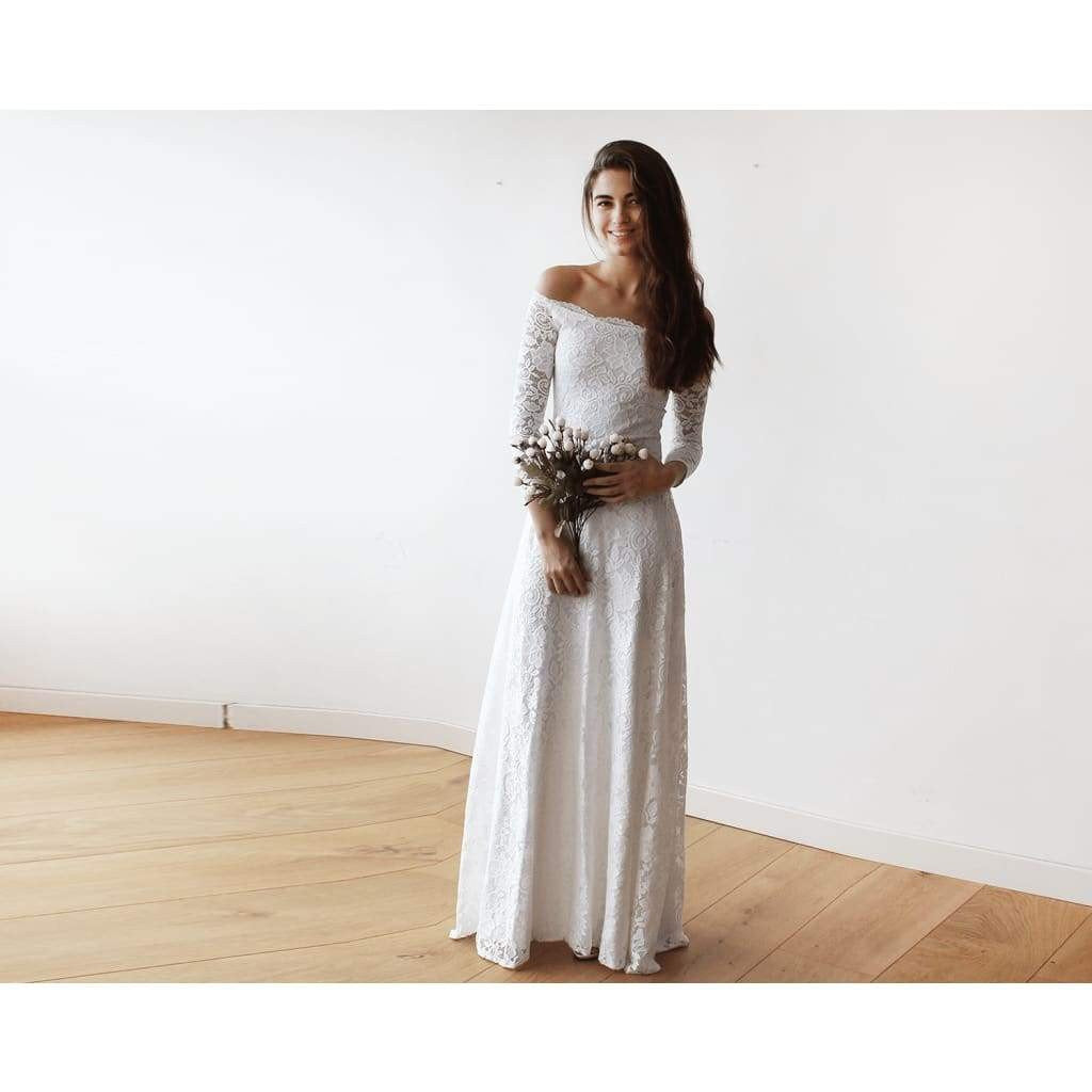 Ivory Off-The-Shoulder Floral Lace Long Sleeve Maxi Dress