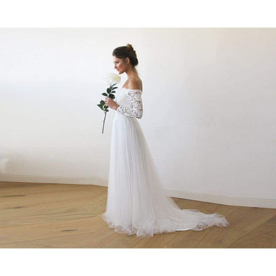 Ivory Off-The-Shoulder Lace and Tulle Train Wedding Gown - Miraposa
