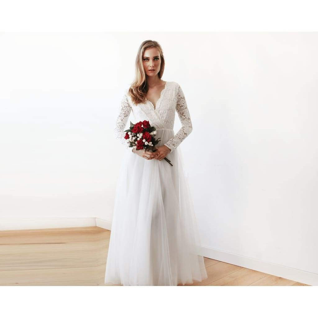 Ivory Tulle and Lace Long Sleeve Wedding Dress