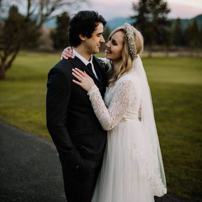 Ivory Tulle and Lace Long Sleeve Wedding Train Gown - Miraposa