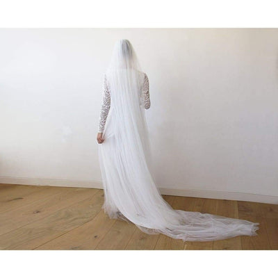Ivory Tulle and Lace Long Sleeve Wedding Train Gown - Miraposa
