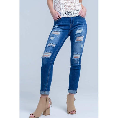 Jeans with Shredded Rips and Raw-Cut Cuffs - Miraposa