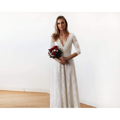 Lace Three Quarters Sleeve Wedding Gown - Miraposa
