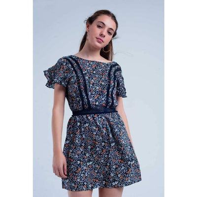 Navy Dress with Flower Print - Viscose - Miraposa